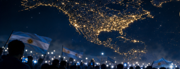 A night map of the world picked out in city lights where witnesses have signed, above a crowd holding phone lights aloft.