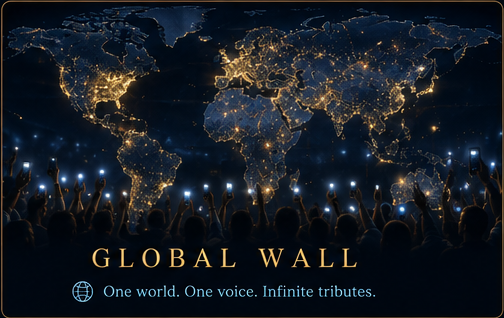 A night map of the world picked out in city lights, above a crowd holding phone lights aloft.