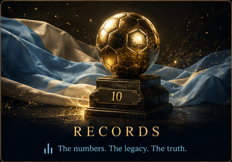 A golden football resting on a plinth marked 10, on a draped Argentina flag.
