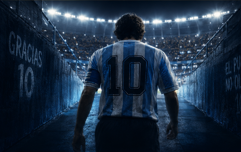 A player in an Argentina number 10 shirt walking out of a floodlit stadium tunnel, the walls painted "Gracias 10".
